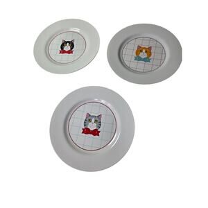 PELZMAN DESIGNS Colorful CAT w/ Bowtie Thin Light 7.5" Appetizer Plates Set of 3